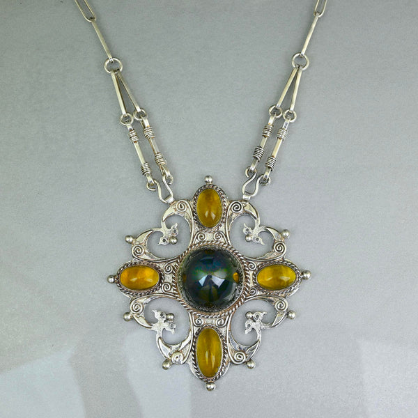 Arts & Crafts Green Tourmaline Citrine Pendant Necklace