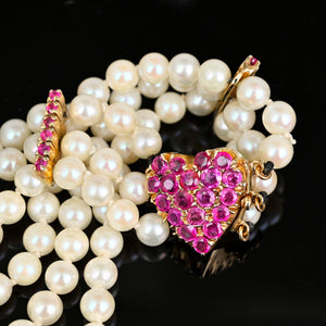 Vintage Ruby Pearl Bracelet, 14K Gold 3 Strand Heart Clasp - Boylerpf