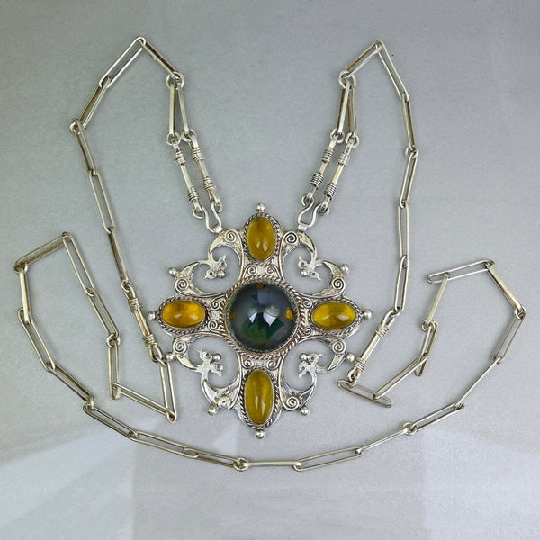 Arts & Crafts Green Tourmaline Citrine Pendant Necklace