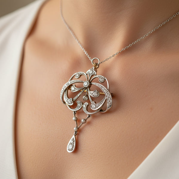 Edwardian Platinum Diamond Brooch Lavalier Pendant - Boylerpf