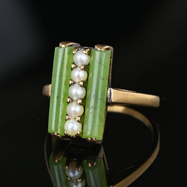 Vintage Gold Pearl Green Jade Art Deco Ring - Boylerpf
