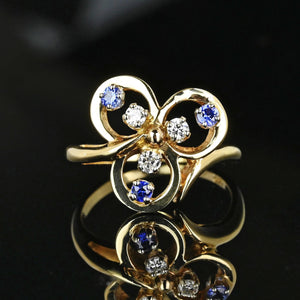 Vintage 14K Gold Diamond Sapphire Three Leaf Clover Ring - Boylerpf