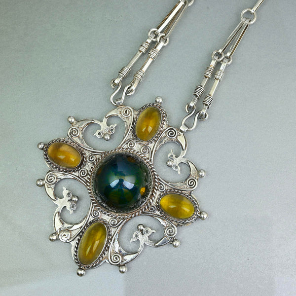 Arts & Crafts Green Tourmaline Citrine Pendant Necklace