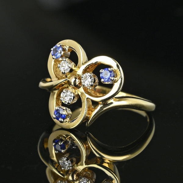 Vintage 14K Gold Diamond Sapphire Three Leaf Clover Ring - Boylerpf