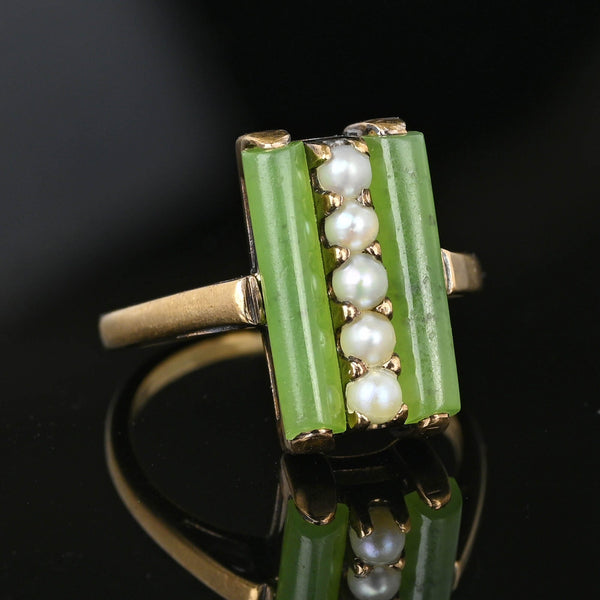 Vintage Gold Pearl Green Jade Art Deco Ring - Boylerpf