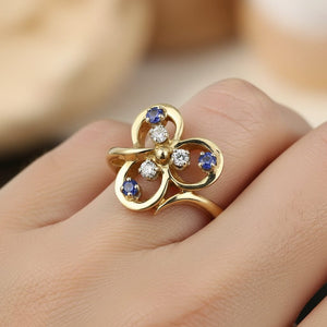 Vintage 14K Gold Diamond Sapphire Three Leaf Clover Ring - Boylerpf