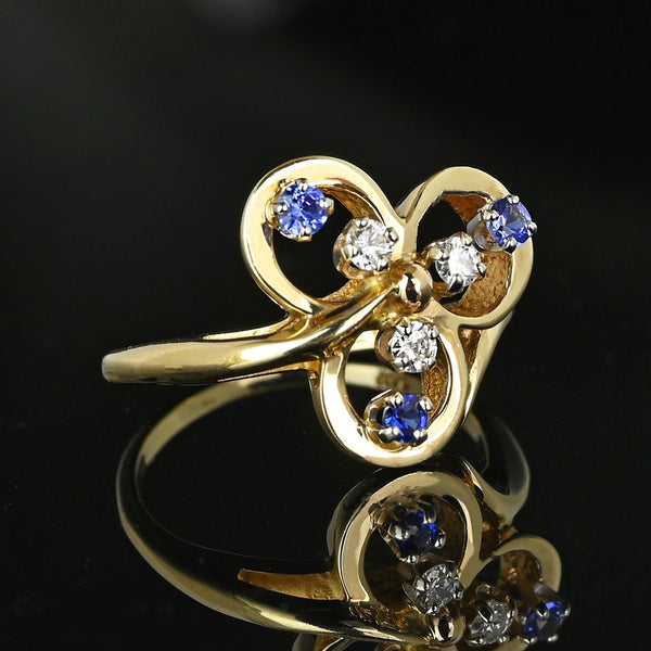 Vintage 14K Gold Diamond Sapphire Three Leaf Clover Ring - Boylerpf