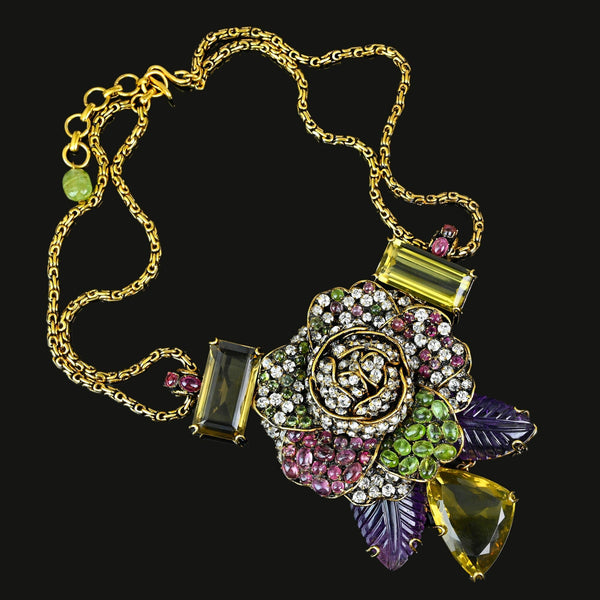 Vintage Iradj Moini Citrine Amethyst Floral Necklace Brooch