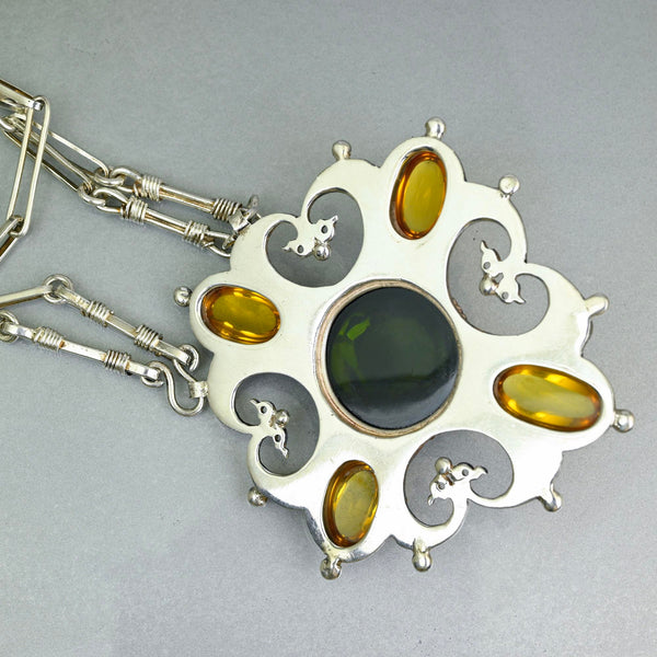 Arts & Crafts Green Tourmaline Citrine Pendant Necklace