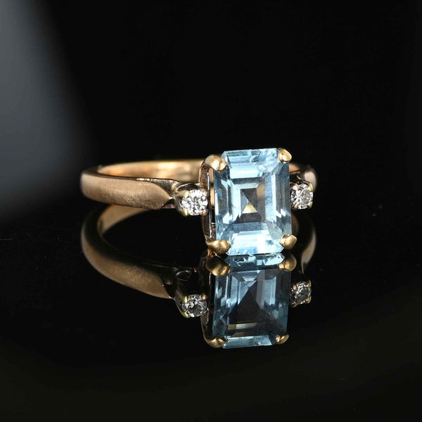 Vintage 14K Gold Diamond Emerald Cut Blue Topaz Ring - Boylerpf