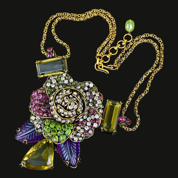 Vintage Iradj Moini Citrine Amethyst Floral Necklace Brooch