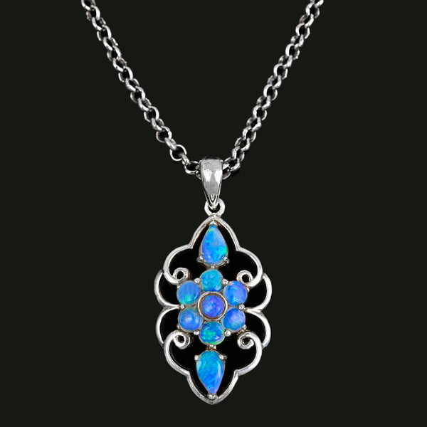 Australian Blue Opal Floral Pendant, Sterling Silver Necklace