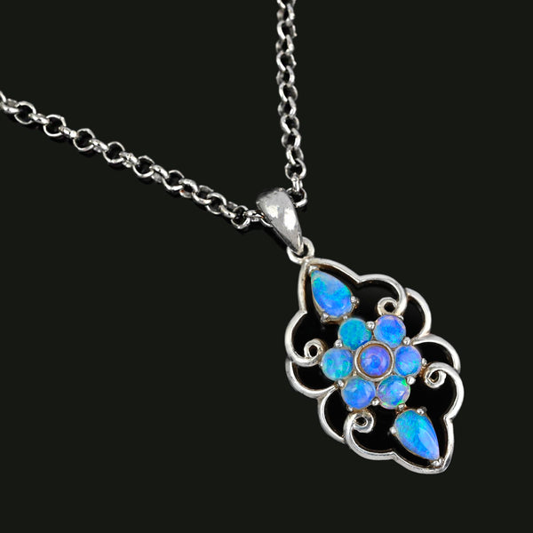 Australian Blue Opal Floral Pendant, Sterling Silver Necklace