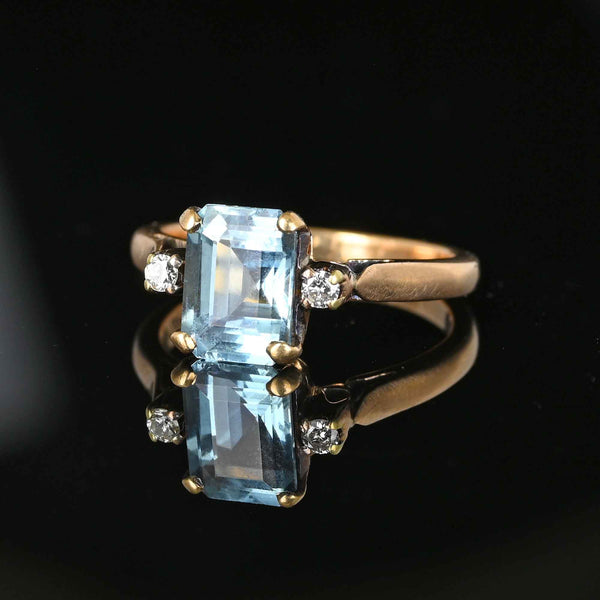 Vintage 14K Gold Diamond Emerald Cut Blue Topaz Ring - Boylerpf