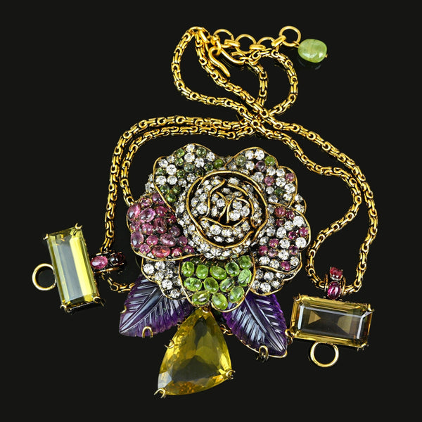 Vintage Iradj Moini Citrine Amethyst Floral Necklace Brooch