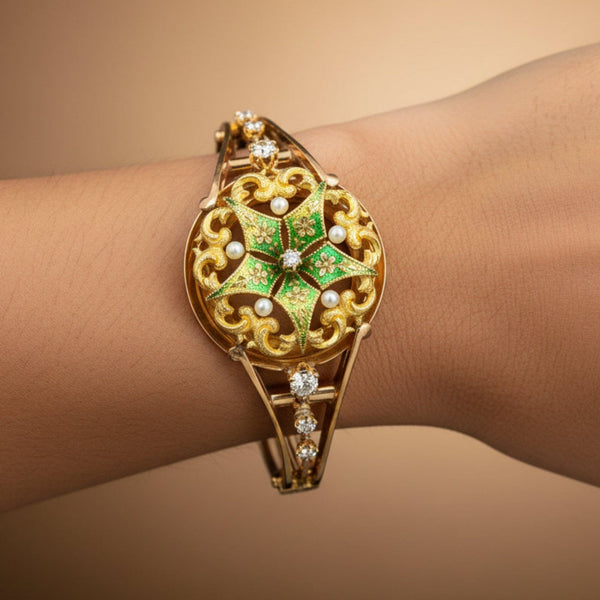 Antique Victorian 15K Gold Enamel Pearl Diamond Bracelet