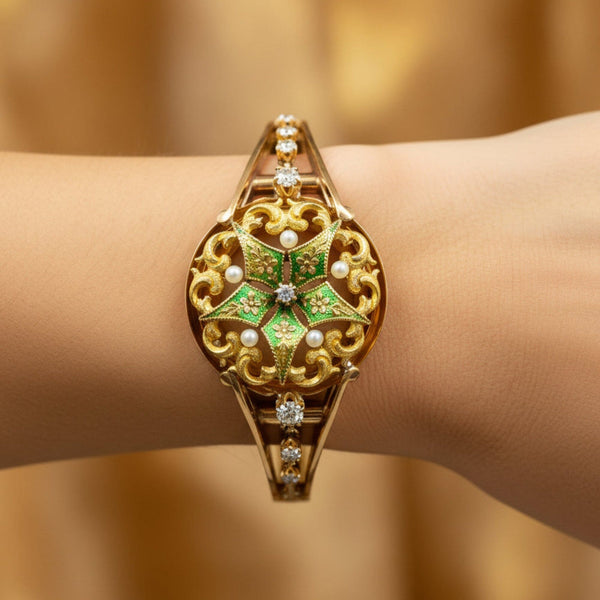 Antique Victorian 15K Gold Enamel Pearl Diamond Bracelet