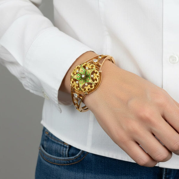 Antique Victorian 15K Gold Enamel Pearl Diamond Bracelet