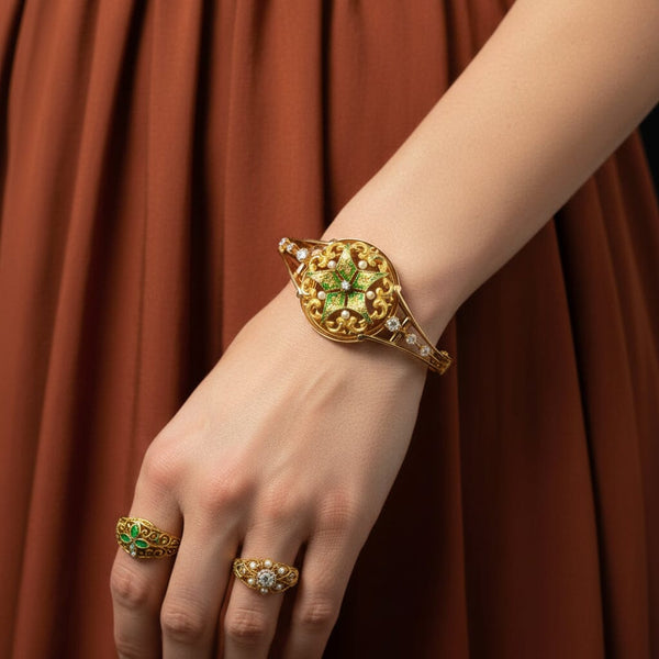 Antique Victorian 15K Gold Enamel Pearl Diamond Bracelet