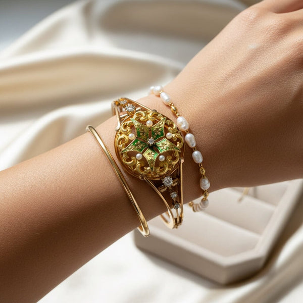 Antique Victorian 15K Gold Enamel Pearl Diamond Bracelet