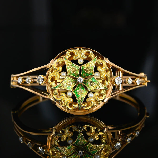 Antique Victorian 15K Gold Enamel Pearl Diamond Bracelet