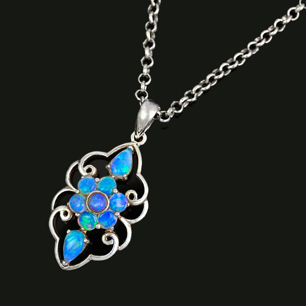 Australian Blue Opal Floral Pendant, Sterling Silver Necklace