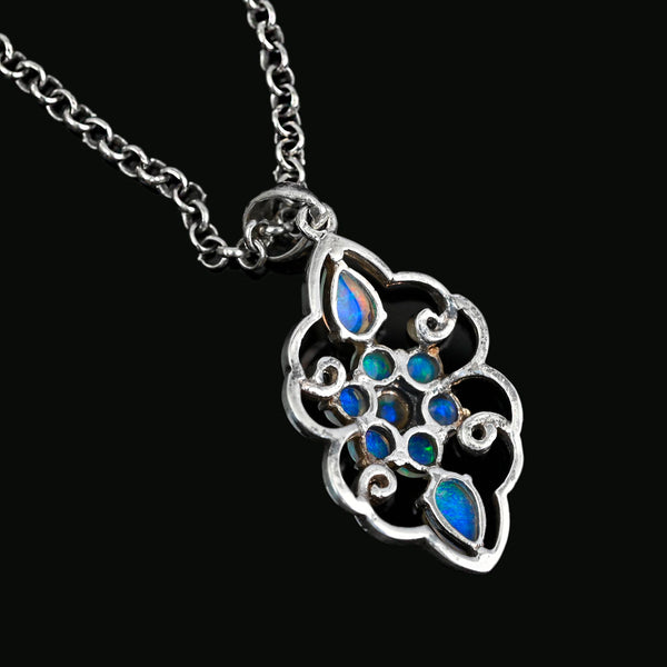 Australian Blue Opal Floral Pendant, Sterling Silver Necklace