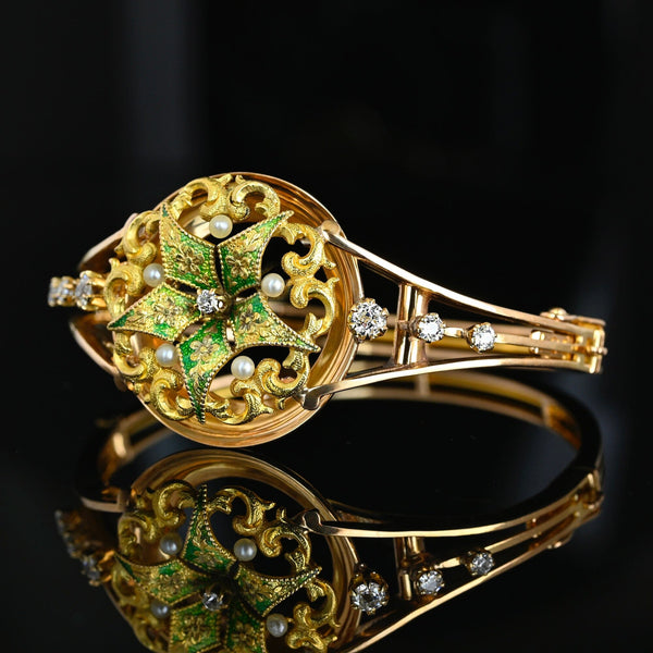 Antique Victorian 15K Gold Enamel Pearl Diamond Bracelet