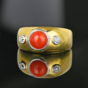 Antique 18K Gold Coral Diamond Gypsy Band Ring - Boylerpf