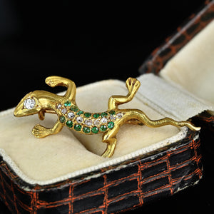 Antique Emerald & Rose Cut Diamond Salamander Brooch in 14K Gold - Boylerpf