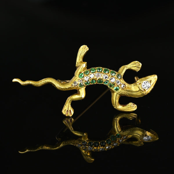 Antique Emerald & Rose Cut Diamond Salamander Brooch in 14K Gold - Boylerpf