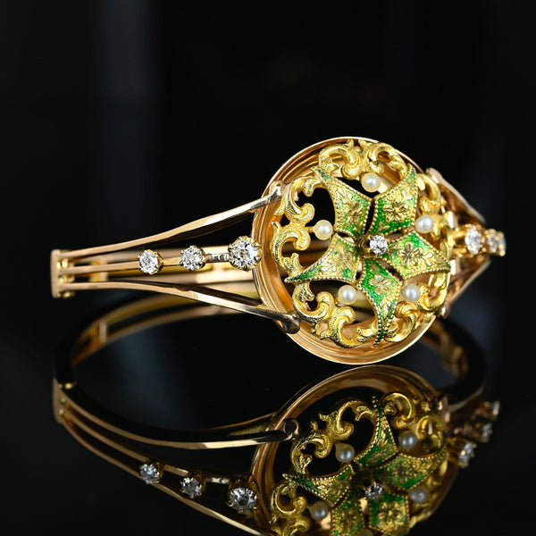 Antique Victorian 15K Gold Enamel Pearl Diamond Bracelet