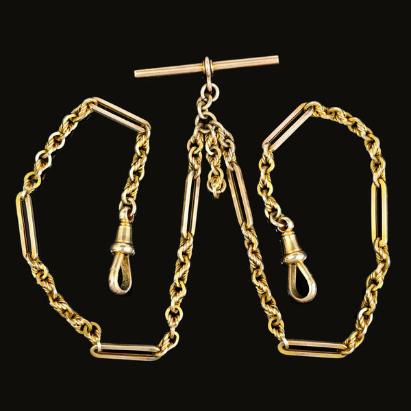 Antique 9K Gold Fetter & Knot Trombone Link Watch Chain Necklace
