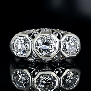 Art Deco Platinum Three Stone Diamond Ring, 1.75 CTW - Boylerpf