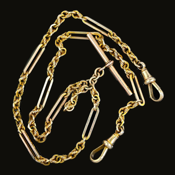 Antique 9K Gold Fetter & Knot Trombone Link Watch Chain Necklace