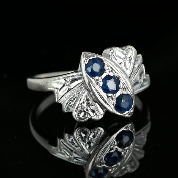 Vintage 14K White Gold Floral Three Stone Sapphire Ring - Boylerpf