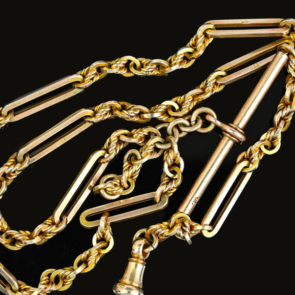 Antique 9K Gold Fetter & Knot Trombone Link Watch Chain Necklace