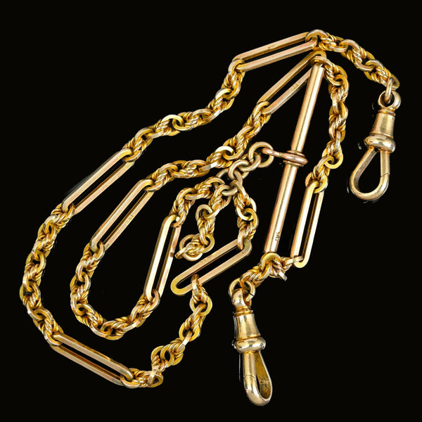 Antique 9K Gold Fetter & Knot Trombone Link Watch Chain Necklace