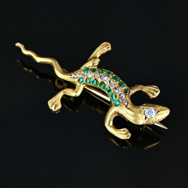 Antique Emerald & Rose Cut Diamond Salamander Brooch in 14K Gold - Boylerpf