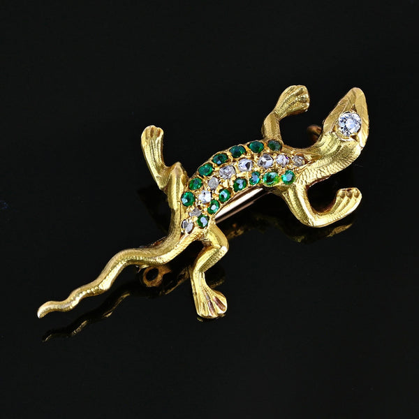 Antique Emerald & Rose Cut Diamond Salamander Brooch in 14K Gold - Boylerpf