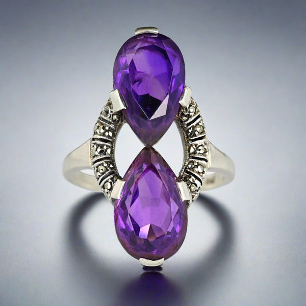 Fine 935 Silver Marcasite Pear Cut Amethyst Ring - Boylerpf