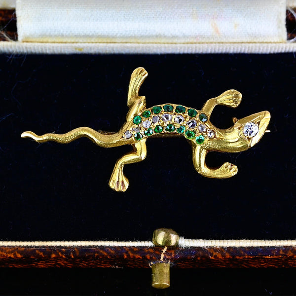 Antique Emerald & Rose Cut Diamond Salamander Brooch in 14K Gold - Boylerpf