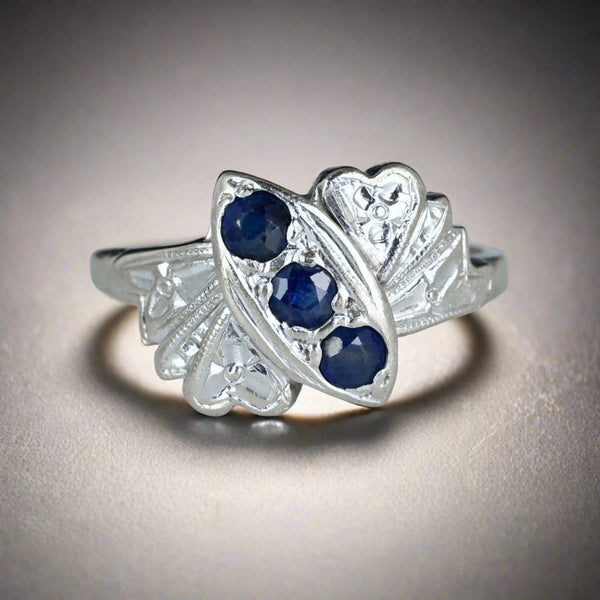 Vintage 14K White Gold Floral Three Stone Sapphire Ring - Boylerpf