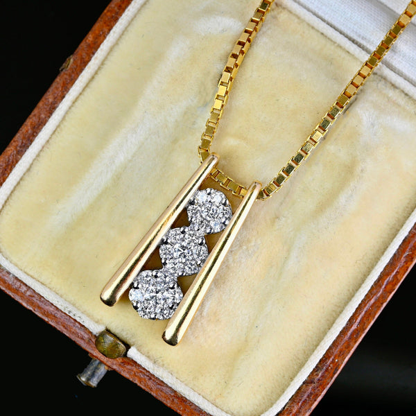 Vintage 14K Gold Triple Diamond Cluster Pendant Necklace - Boylerpf