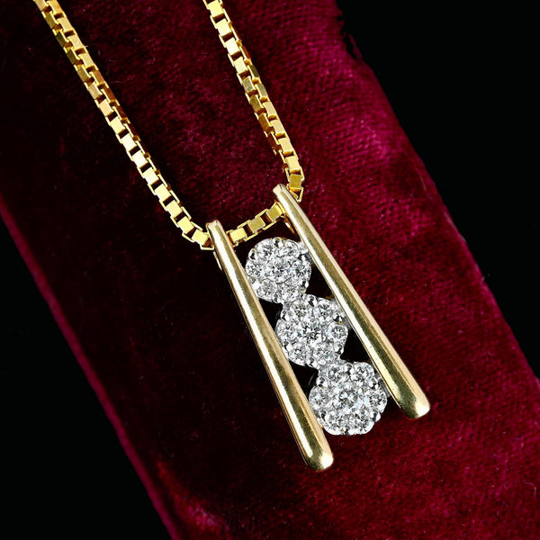 Vintage 14K Gold Triple Diamond Cluster Pendant Necklace - Boylerpf