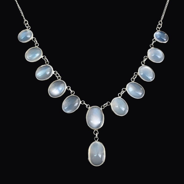 Antique Silver Translucent Blue Cabochon Moonstone Necklace