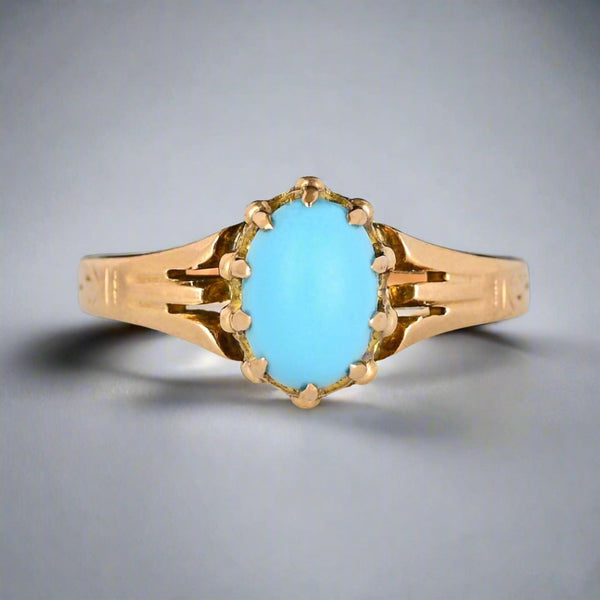 Antique 10K Gold Natural Blue Turquoise Cabochon Ring - Boylerpf