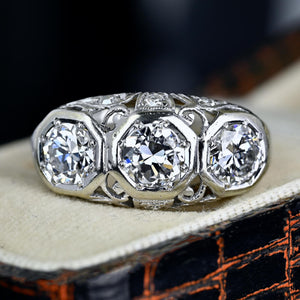 Art Deco Platinum Three Stone Diamond Ring, 1.75 CTW - Boylerpf