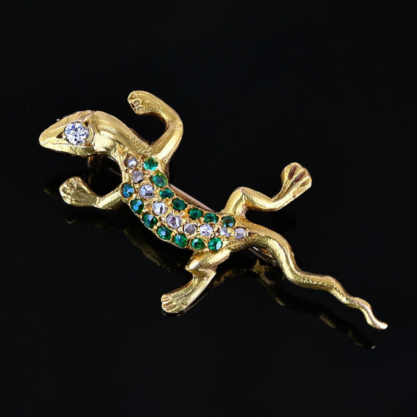 Antique Emerald & Rose Cut Diamond Salamander Brooch in 14K Gold - Boylerpf