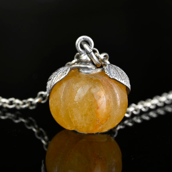 Vintage Yellow Jadeite Pumpkin Pendant, Sterling Silver